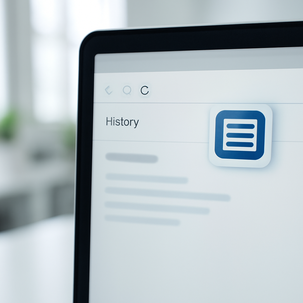 Browser extension icon on a computer screen with a blurred history page in the background on a clean office workspace.
