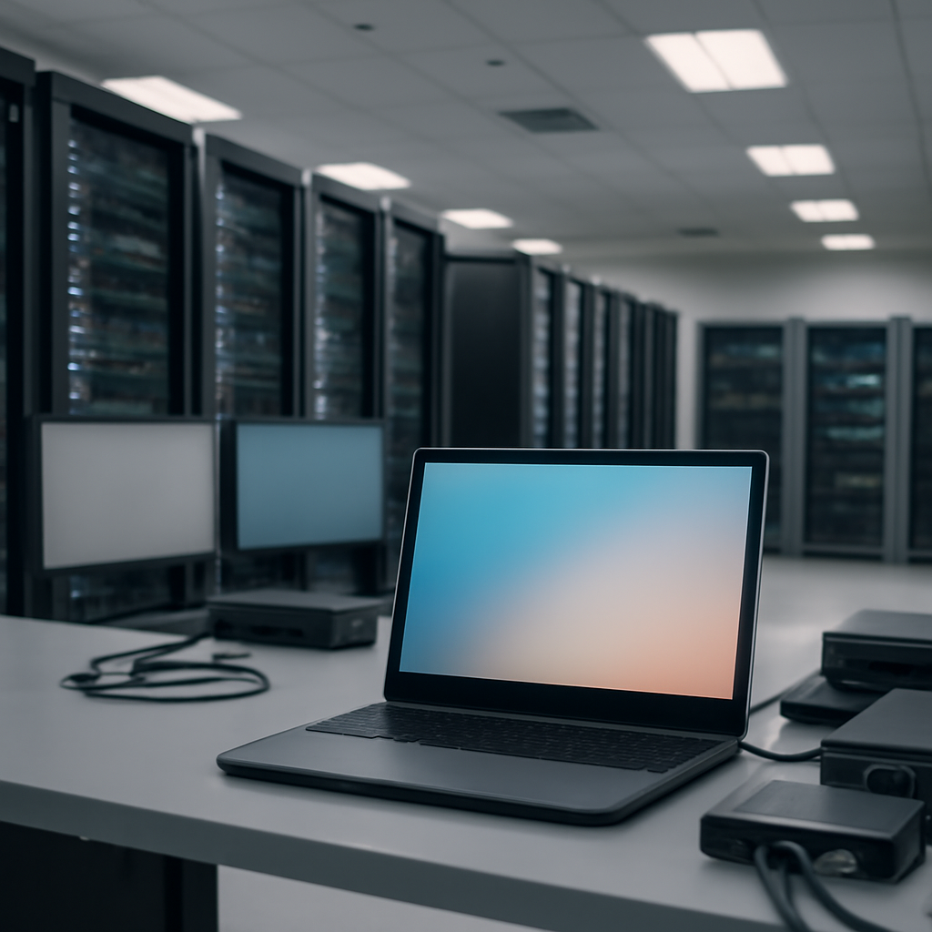 Unoccupied workstation with laptop and technical equipment in a brightly-lit server room.