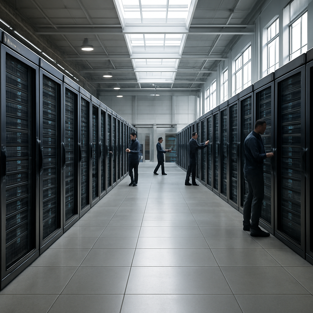 Brightly-lit data center with rows of computer servers and technicians working in the background.