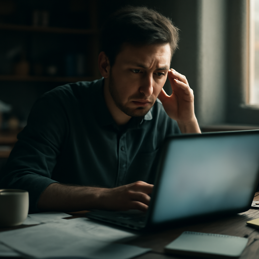 Person sitting at laptop in dimly lit space, looking concerned.