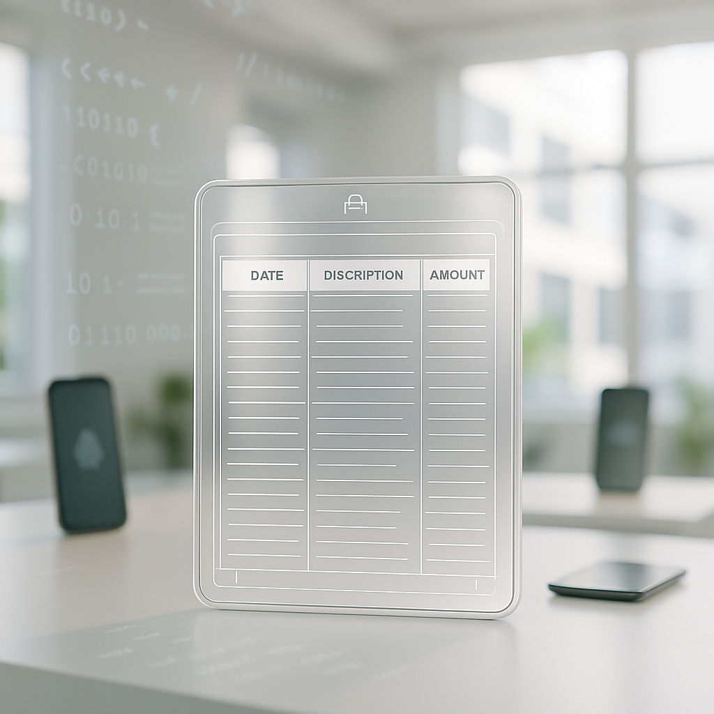 Secure-looking ledger on a table surrounded by abstract code representations in a bright, neutral-colored tech facility.