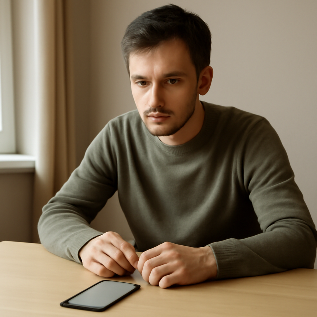 Person sits thoughtfully near a smartphone in a quiet, well-lit room.