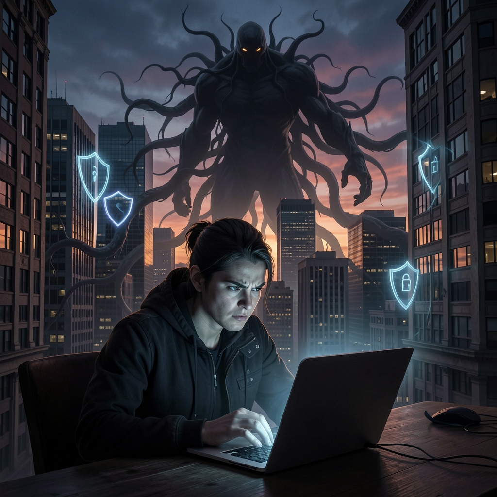 Dark cityscape with a lone figure on a laptop as a shadowy ransomware figure looms in the background.