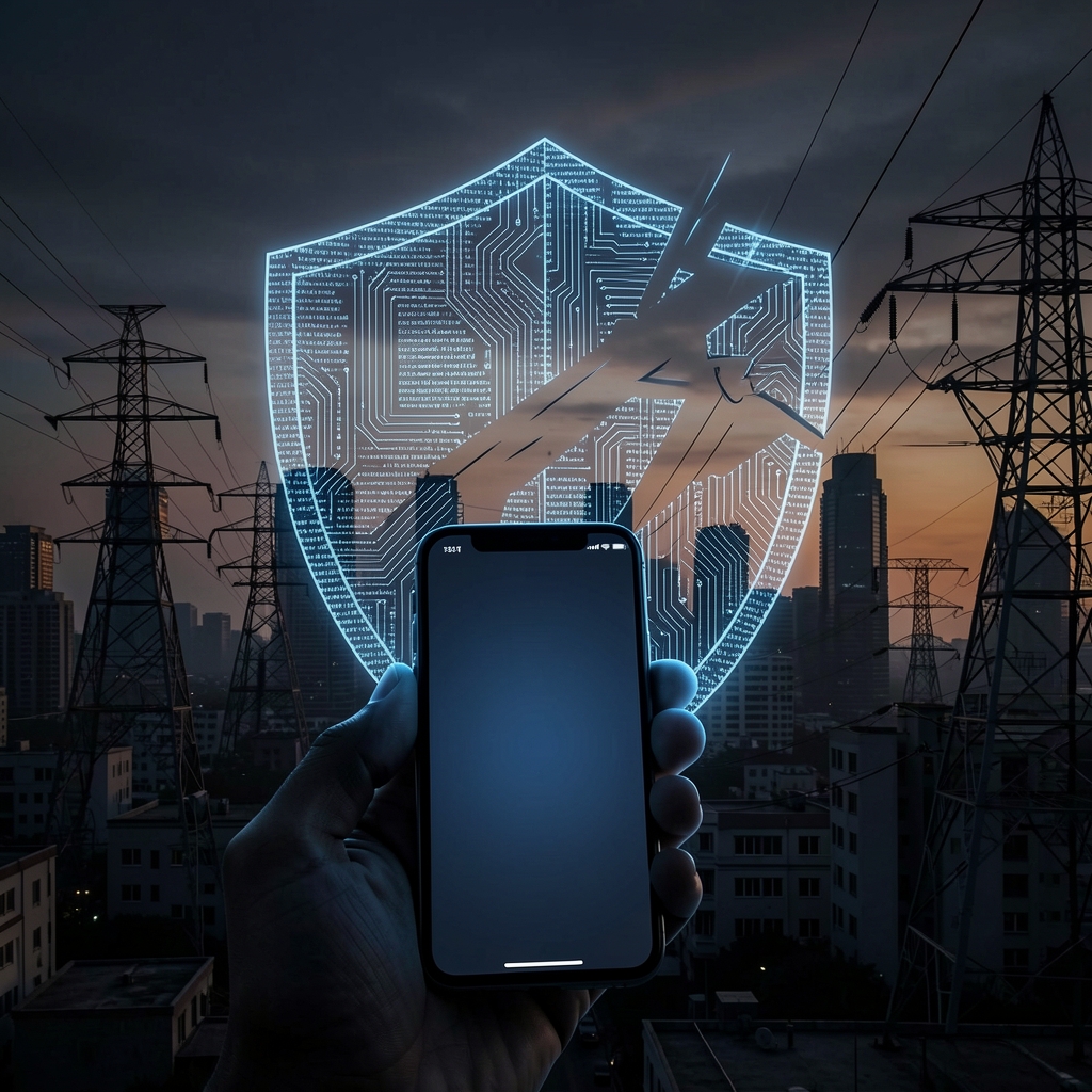 Smartphone glows in foreground against dark cityscape with distorted, fragmented infrastructure in background.