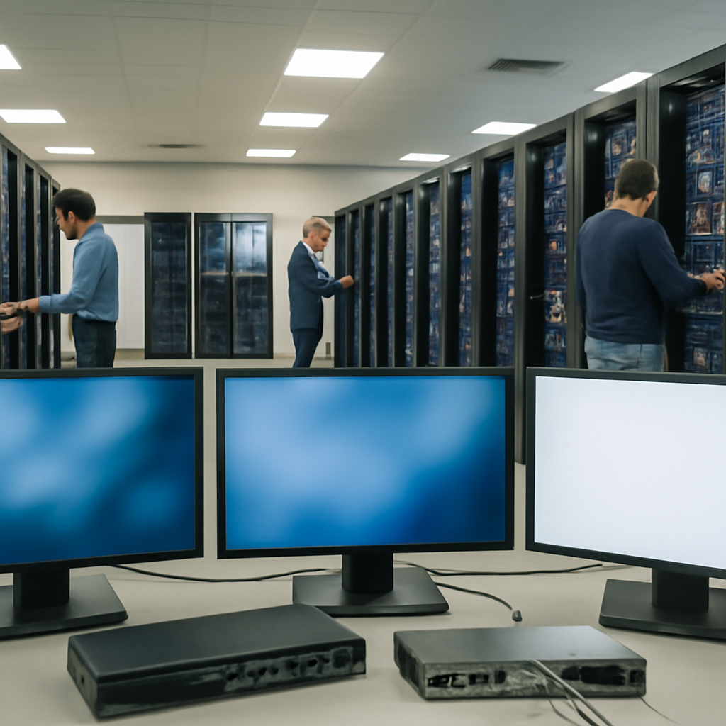 Technicians work in a server room with rows of equipment and computer screens displaying abstract content.