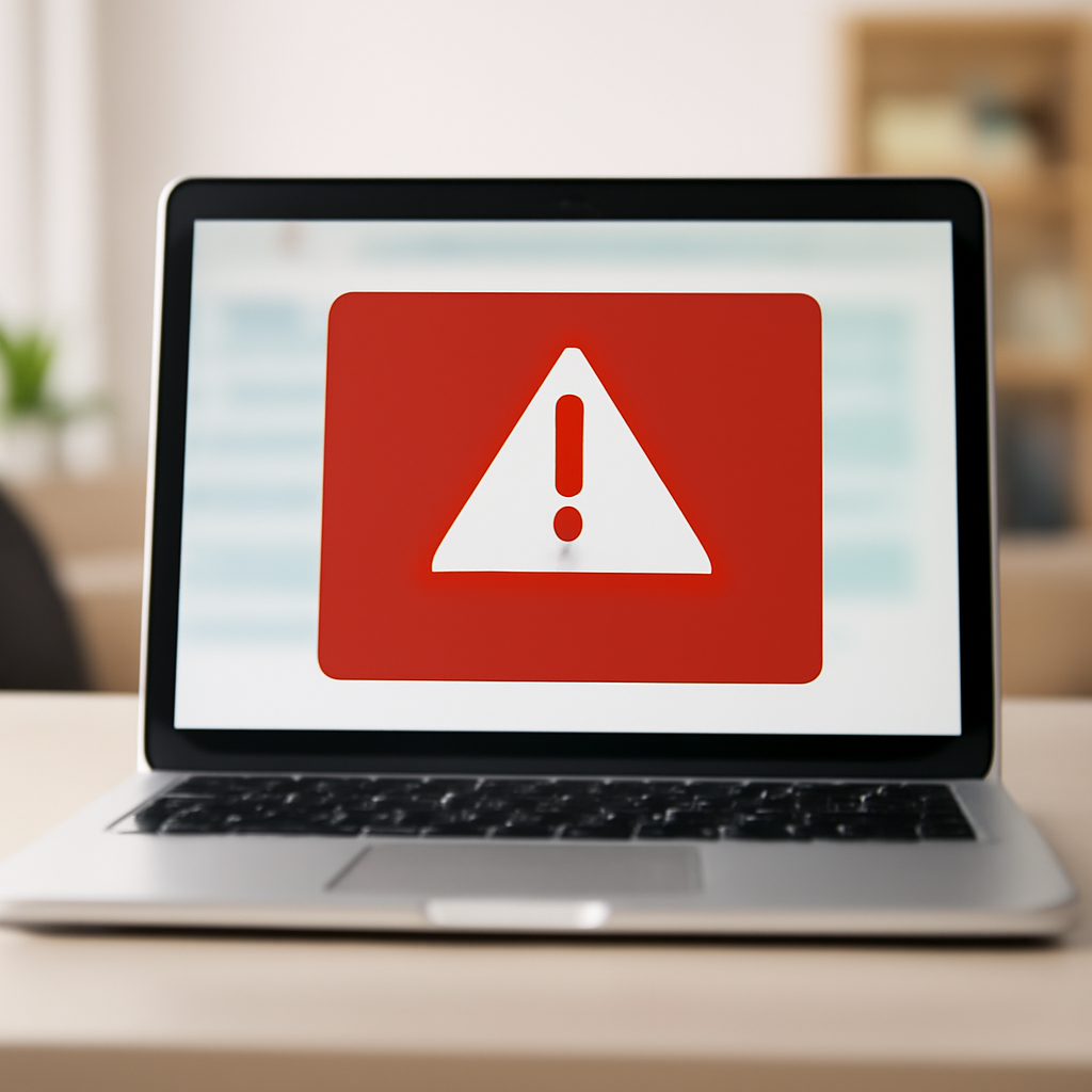 Laptop screen displays warning message on neutral desk with blurred webpage background.