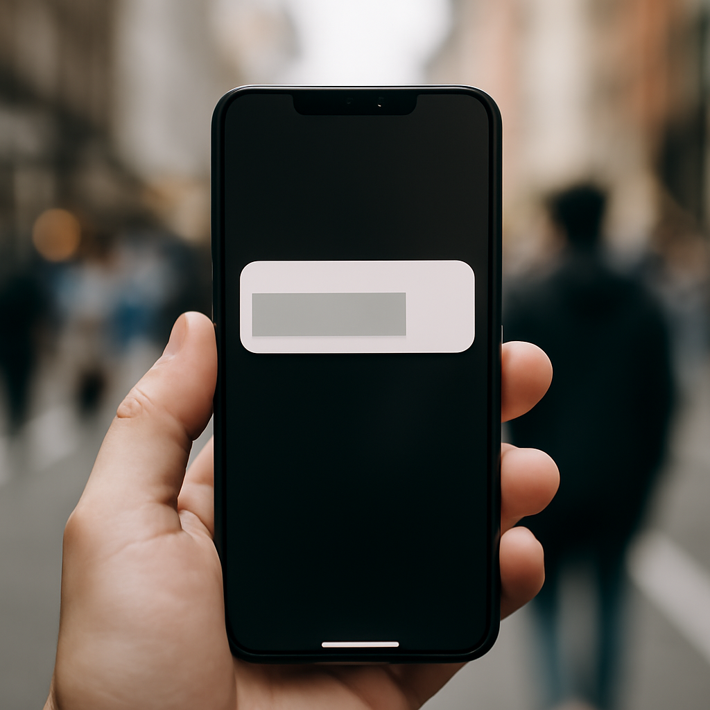 Smartphone screen displays a notification on a blurred city street background.