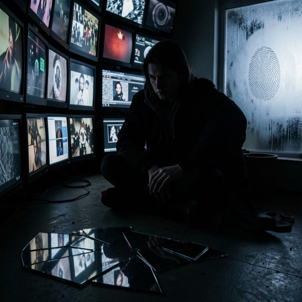 Person in dark room surrounded by screens with varied images, face obscured, eyes fixed on one screen, with shattered…