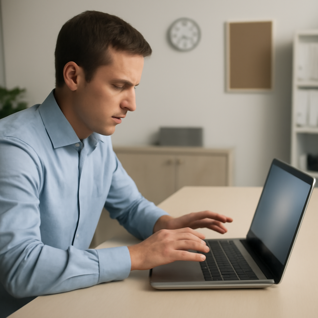 Person sitting at office desk with laptop, hands poised over keyboard.