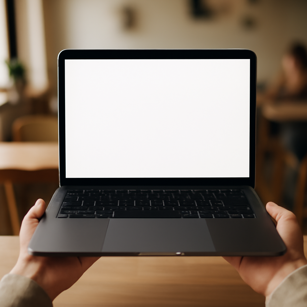 Person using laptop in casual setting with natural daylight.