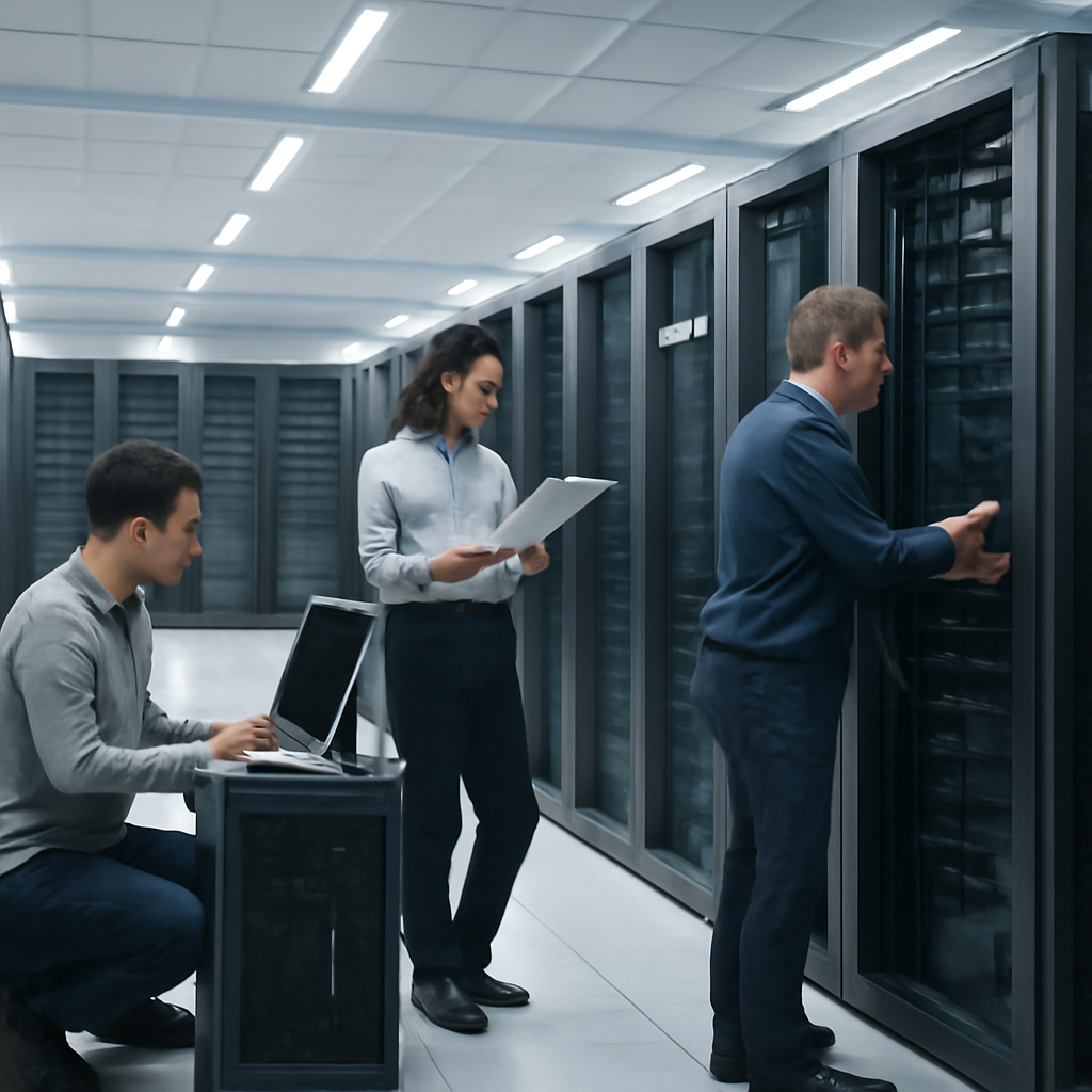 Technicians work on server racks in a brightly-lit cloud computing facility.