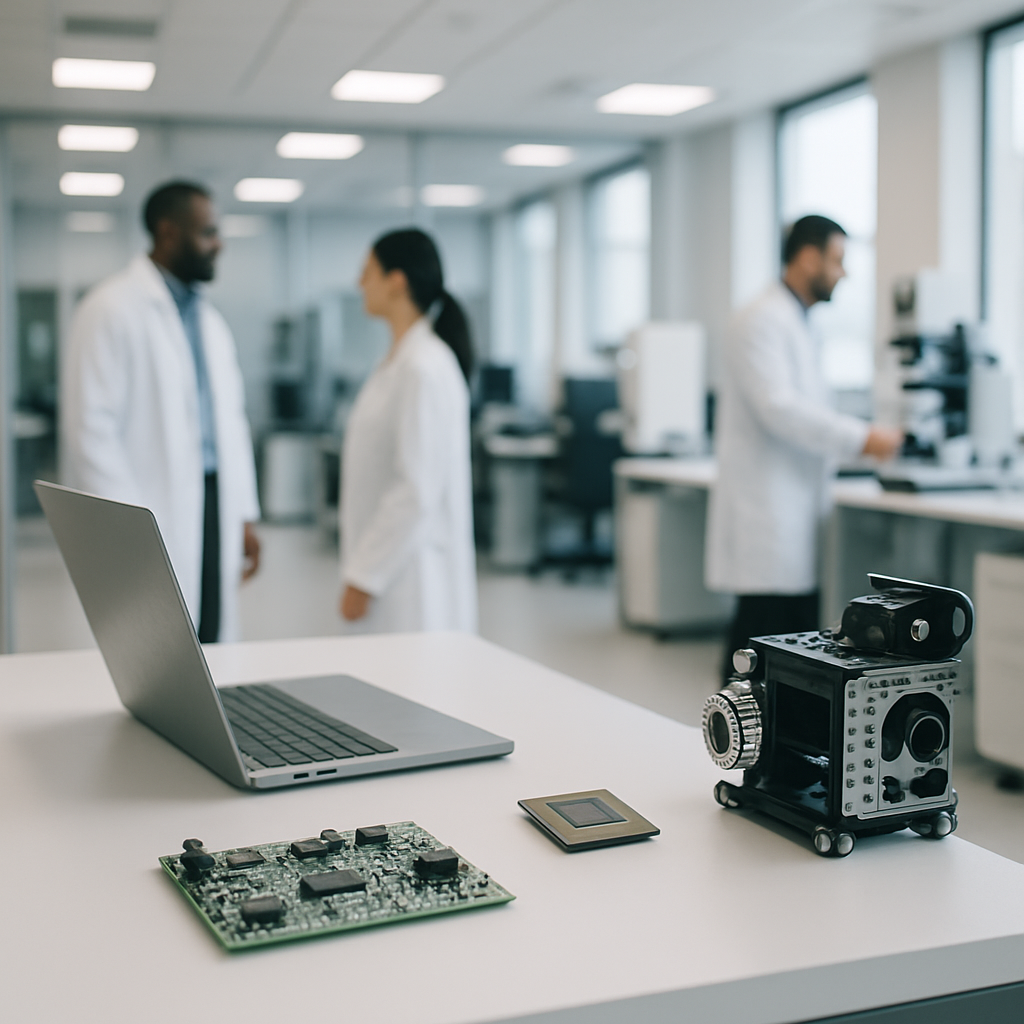 Modern lab setting with sleek workstation and equipment in foreground.