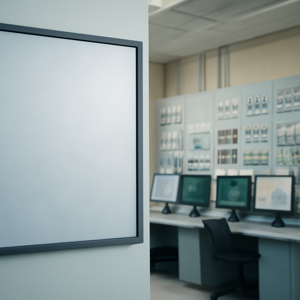 Control room with industrial systems and computer workstations, featuring a large blank wall-mounted screen.