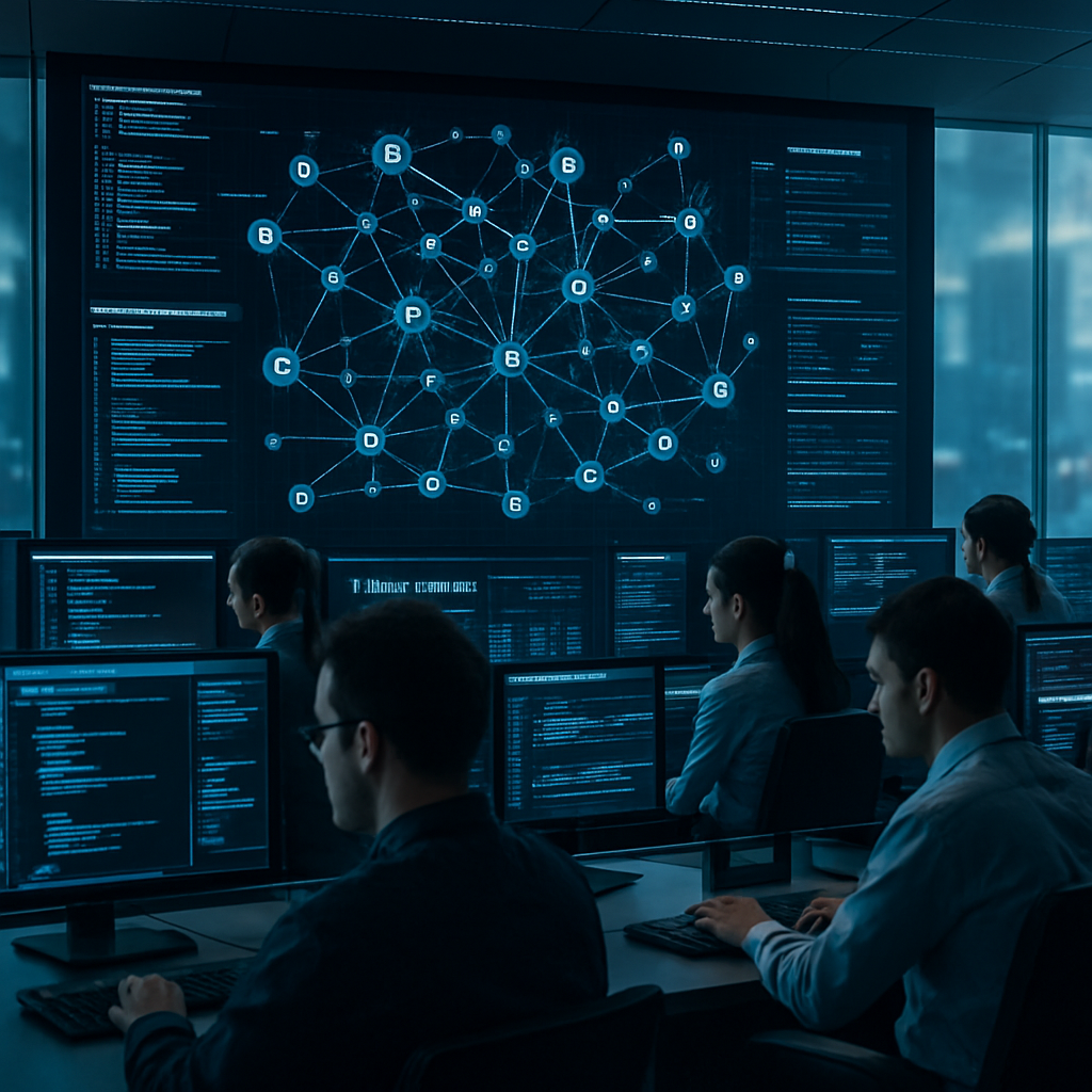 Futuristic security operations center with screens displaying network diagrams, code, and threat analysis.