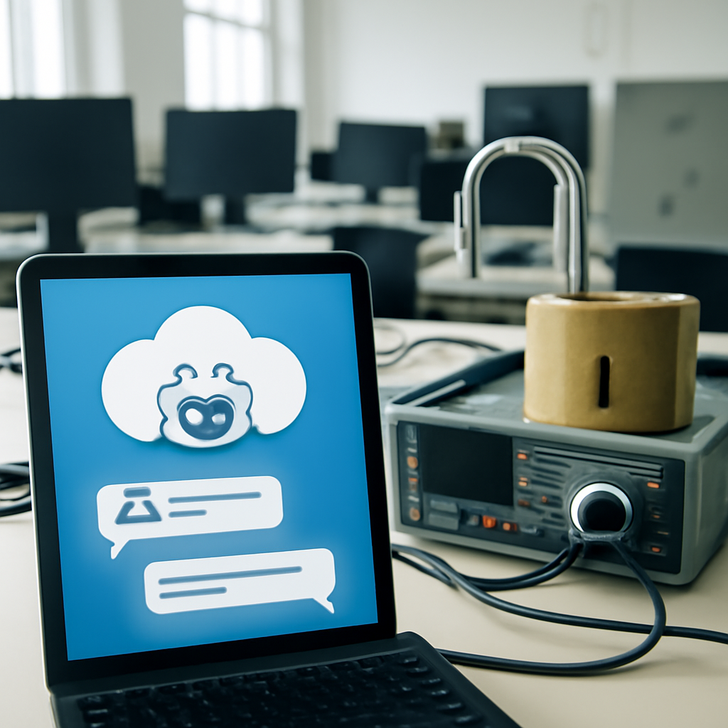A broken lock on a laptop screen amidst coding workspace symbolizes chatbot vulnerability.