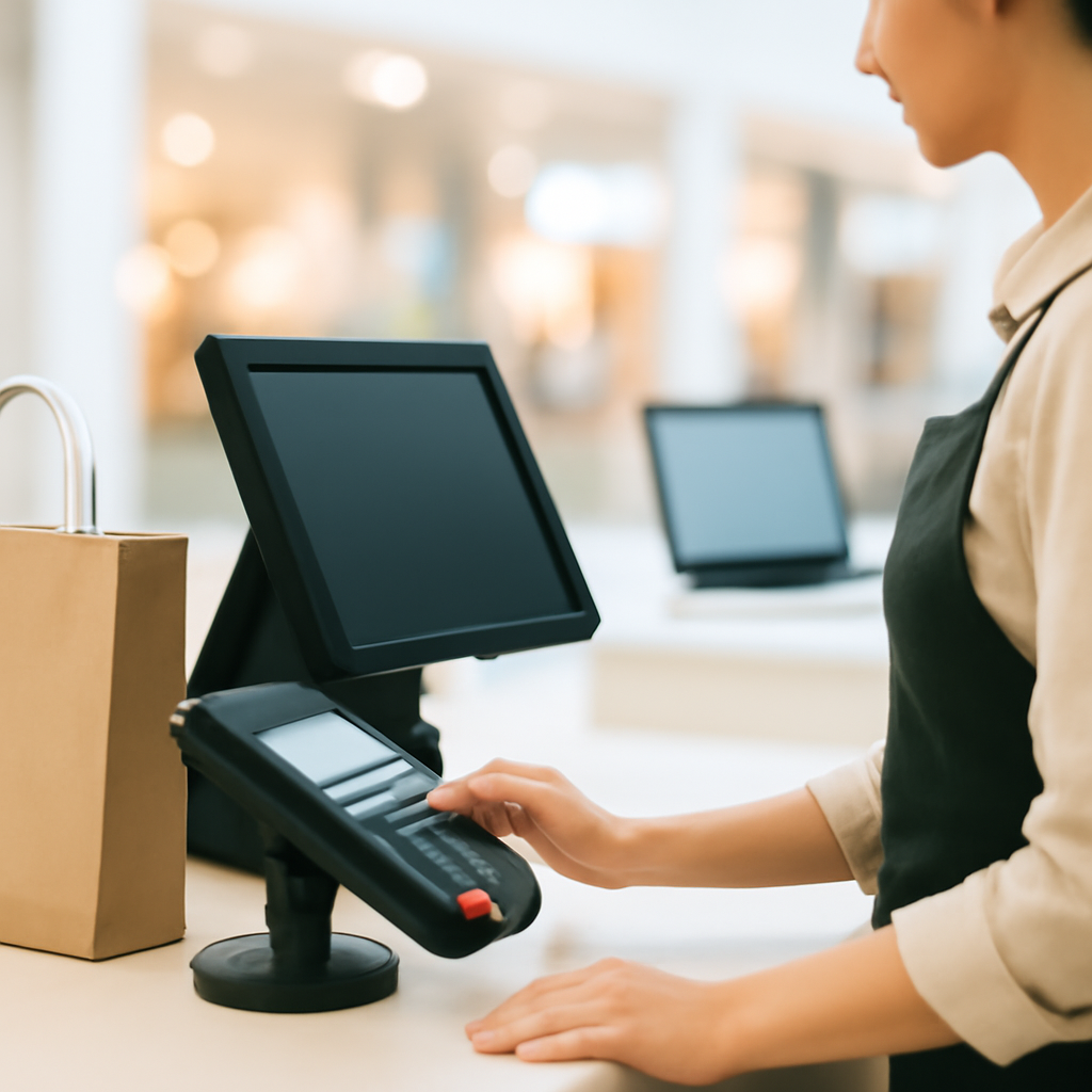 Retail checkout counter with cashier and POS terminal, laptop on nearby shelf.
