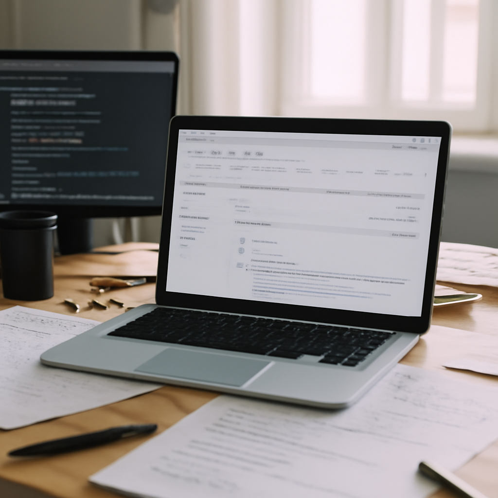 Cluttered developer workstation with GitHub repository on screen.