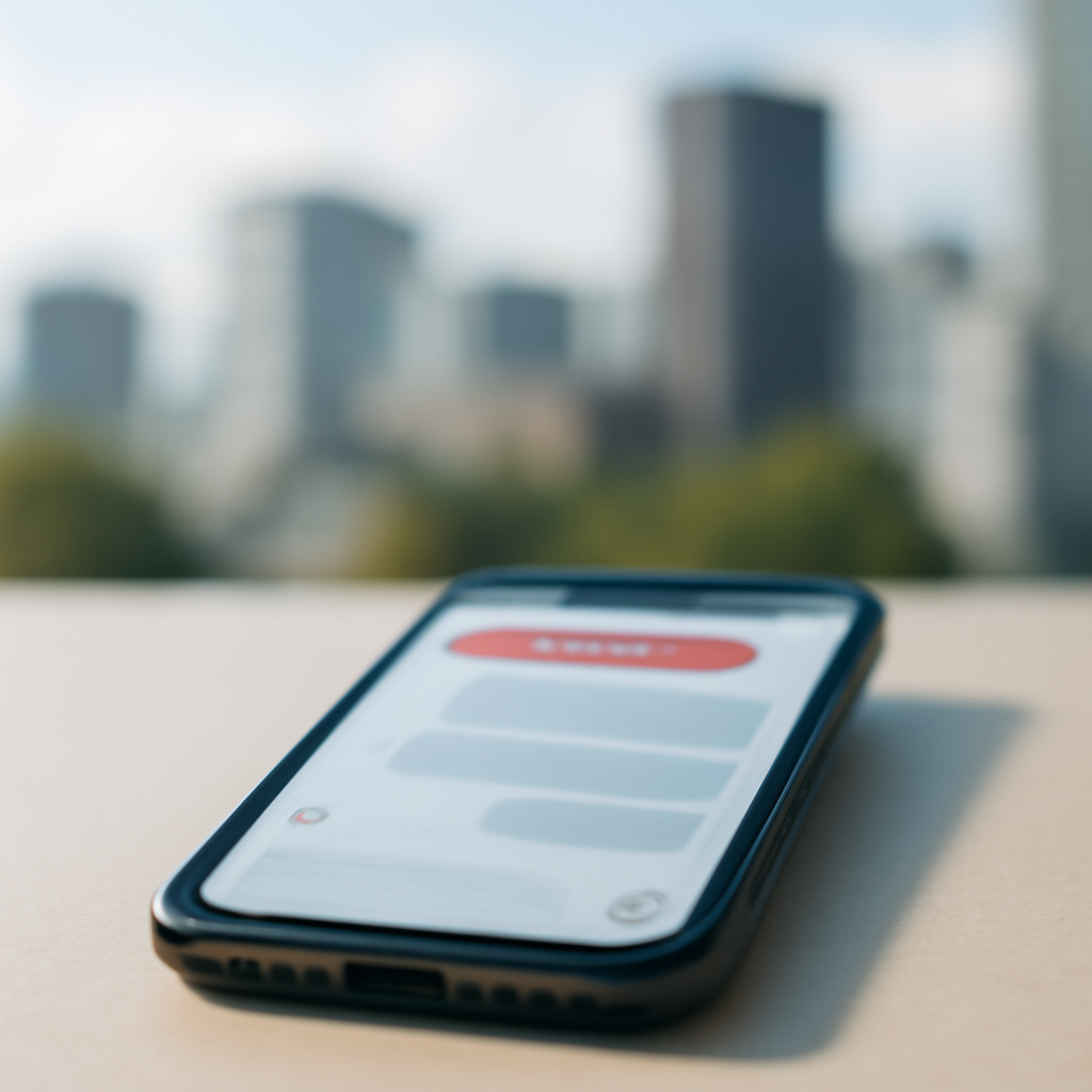 Mobile phone on a plain surface with a blurred text message interface and a blurred cityscape in the background.