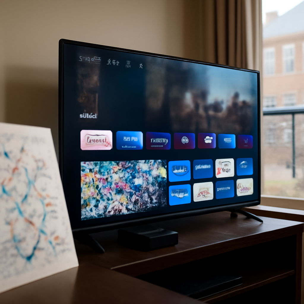 Living room with smart TV and streaming box, cityscape visible through window.