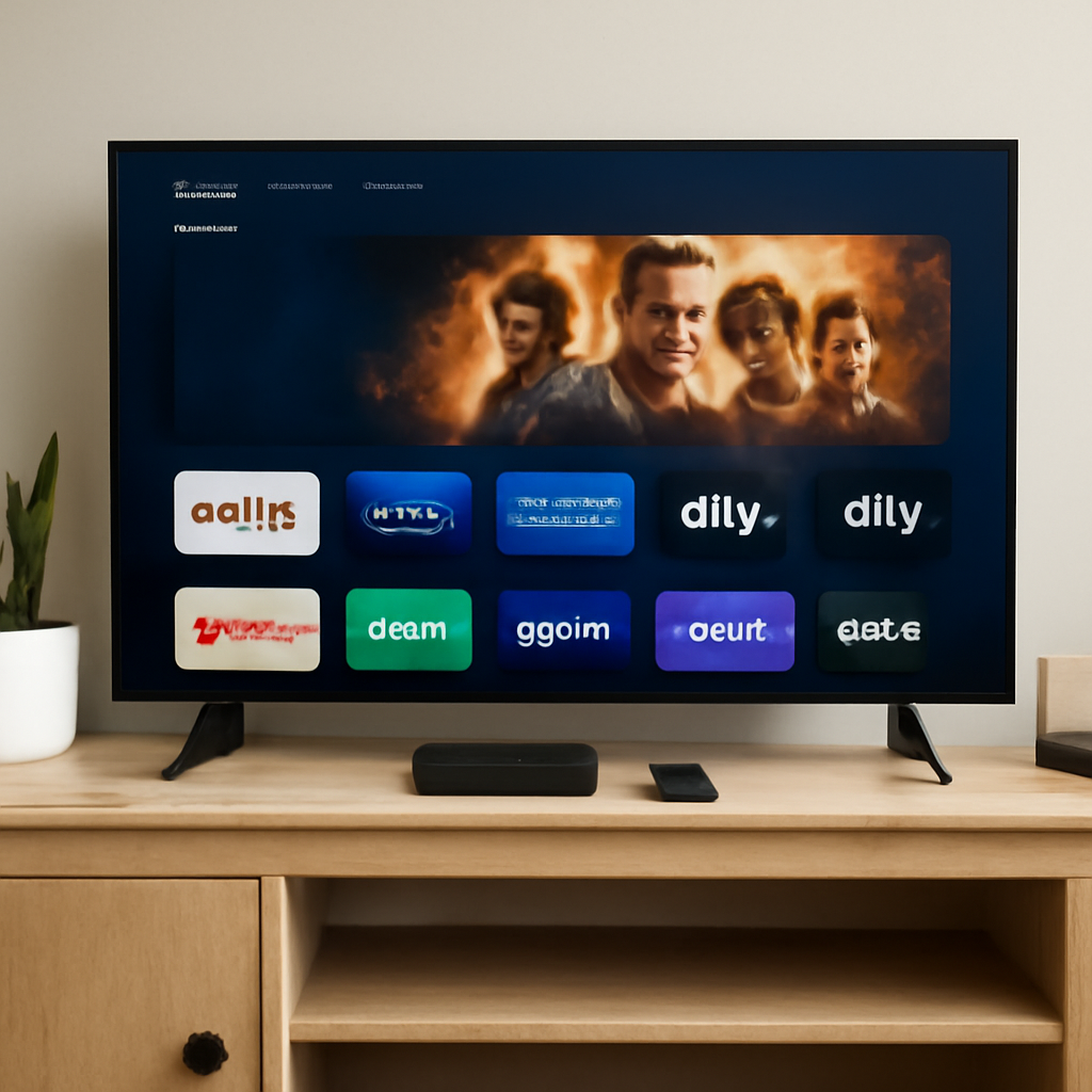 Living room entertainment center with smart TV, streaming box, and network equipment in background.