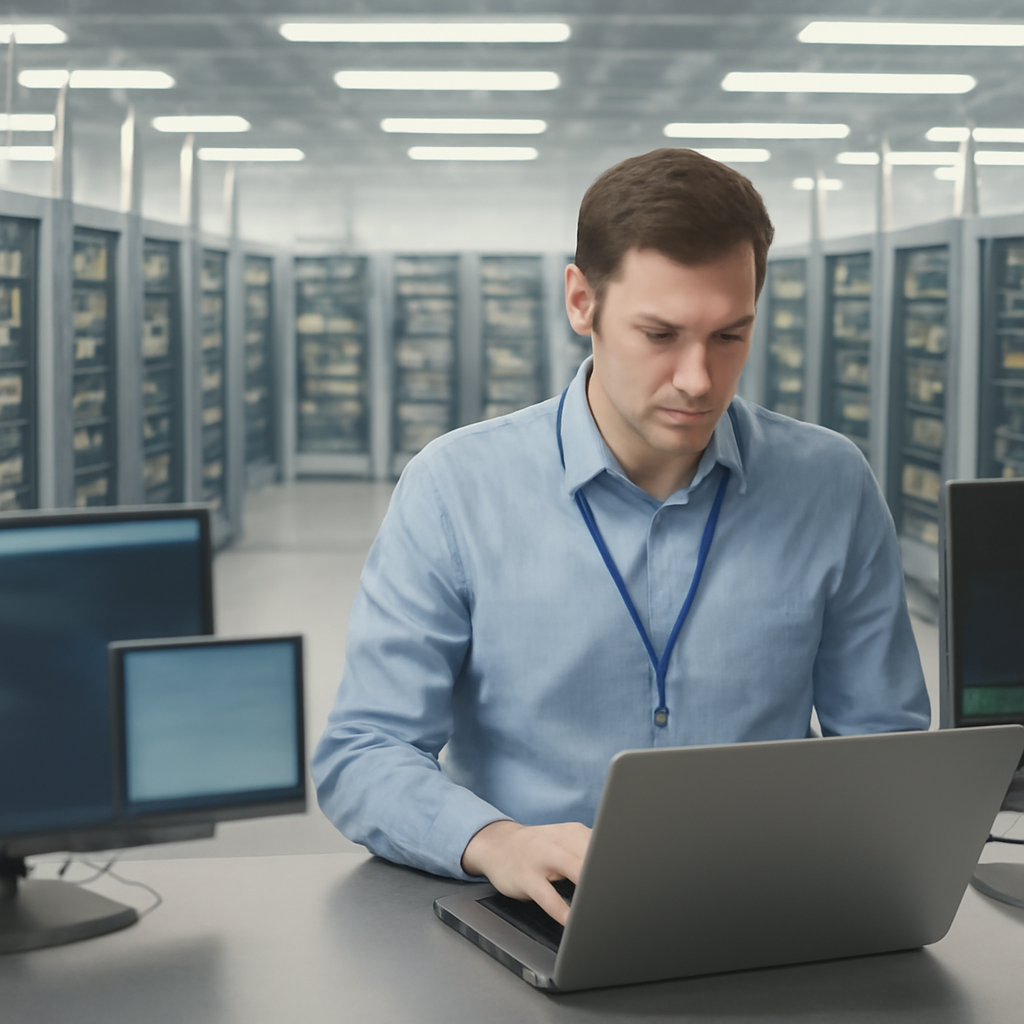 Network operations professional surrounded by rows of servers and equipment.