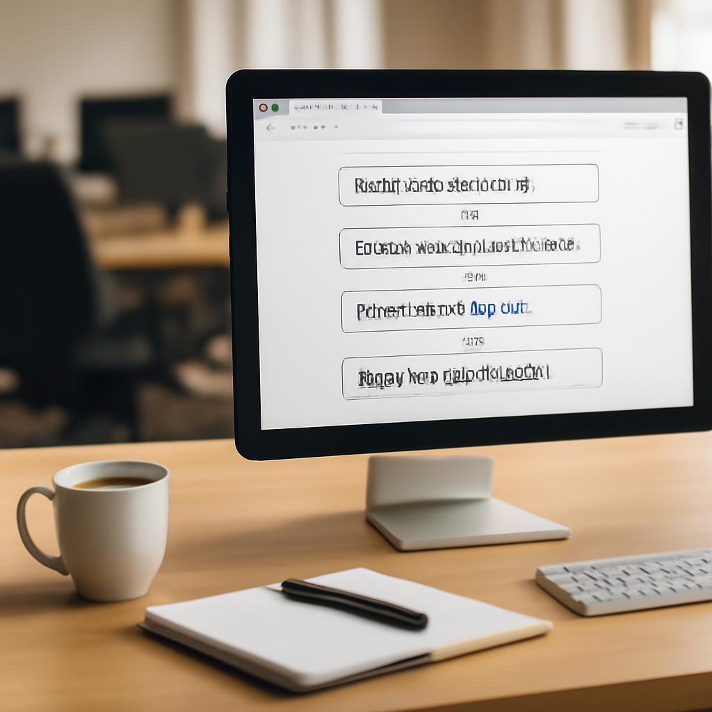Brightly-lit office workstation with browser showing redirect chain and cup.