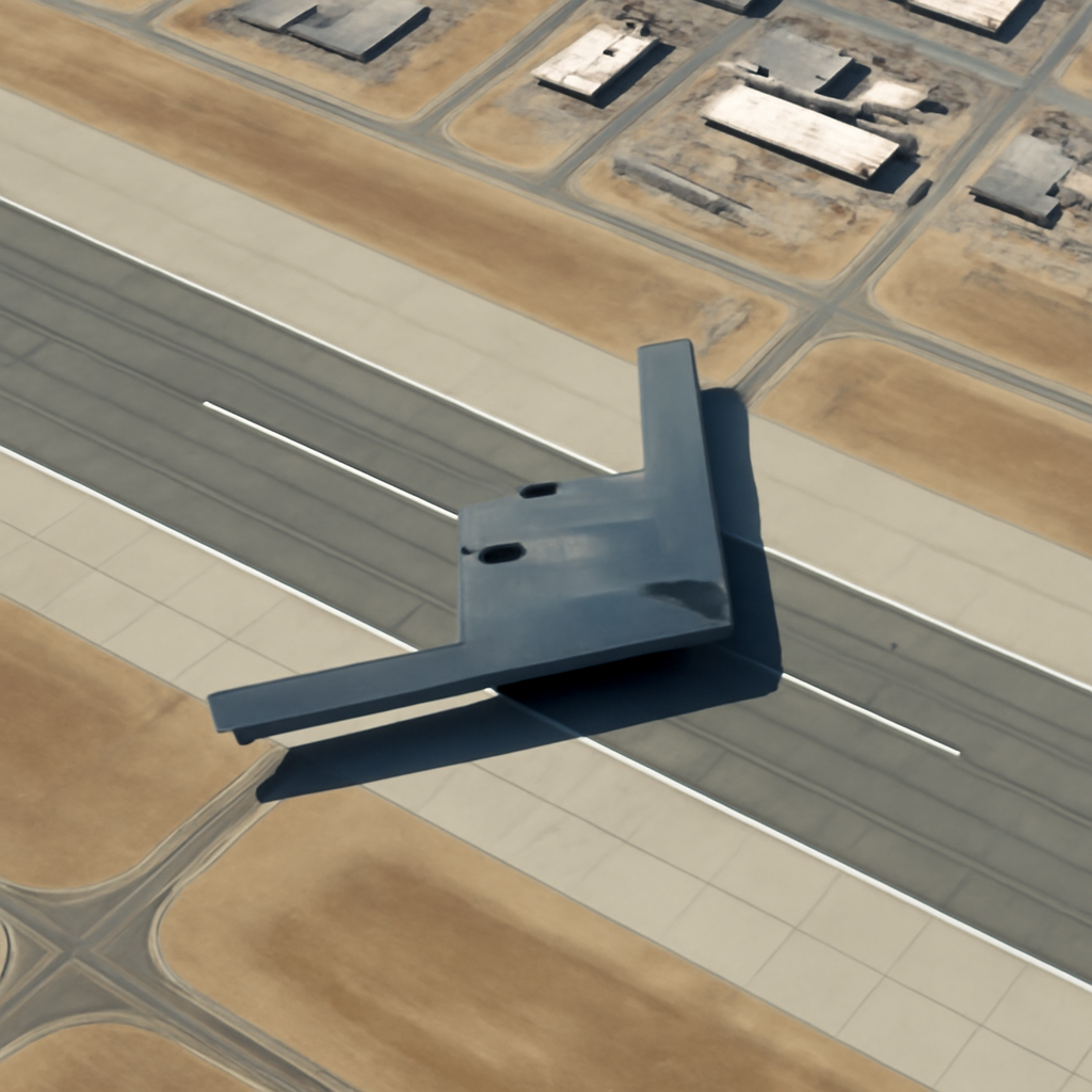B-21 Raider bomber on a runway at Edwards Air Force Base with surrounding infrastructure.