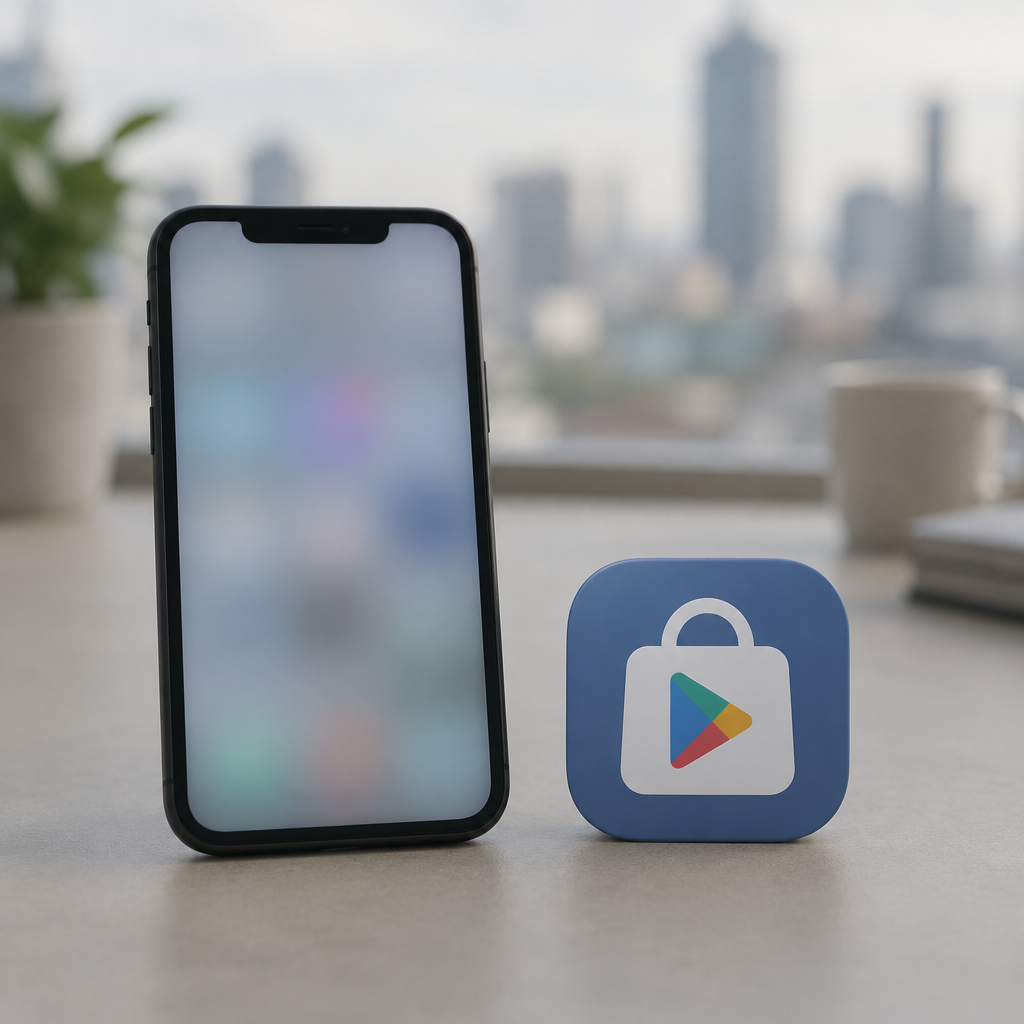 Smartphone on a neutral surface with a blurred screen, beside an abstract app store logo, set against a softly lit…