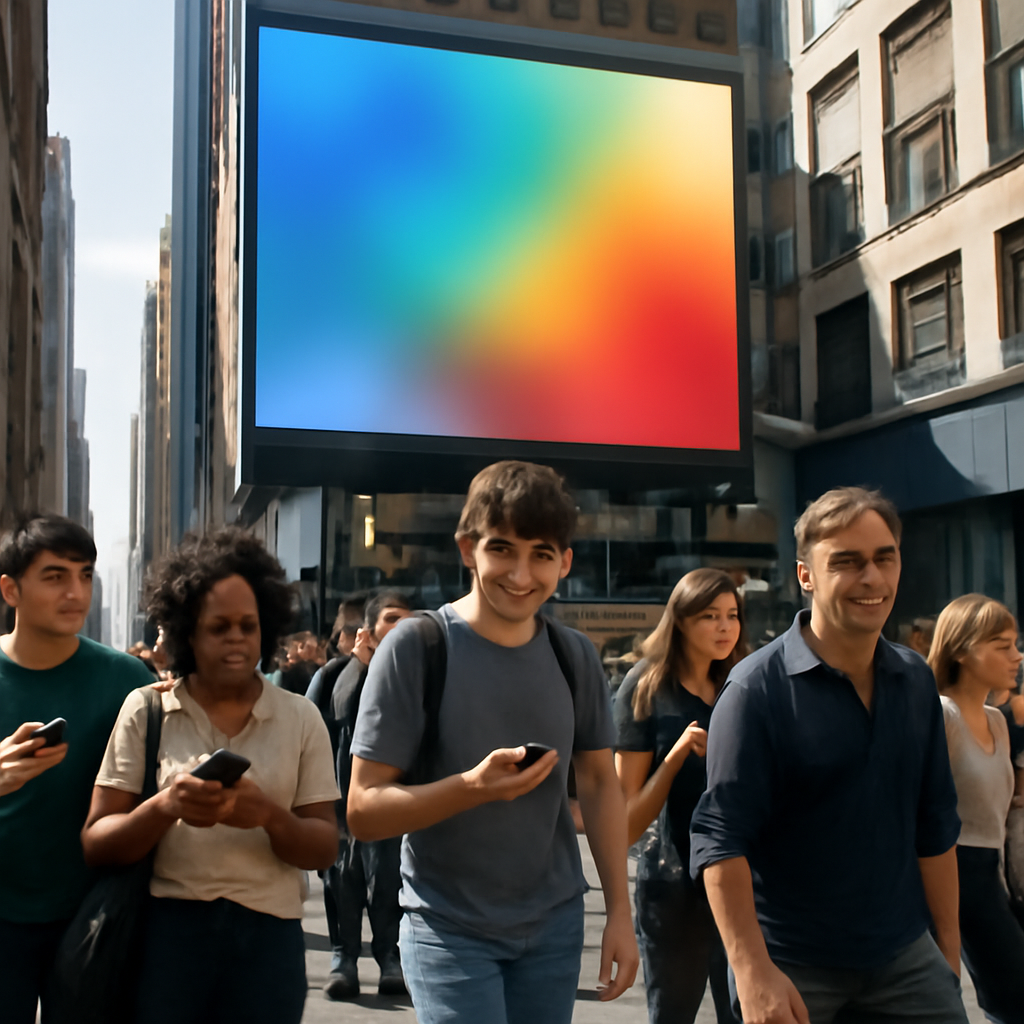 Bustling urban street with people walking and looking at smartphones, a large digital billboard displays a generic ad in…