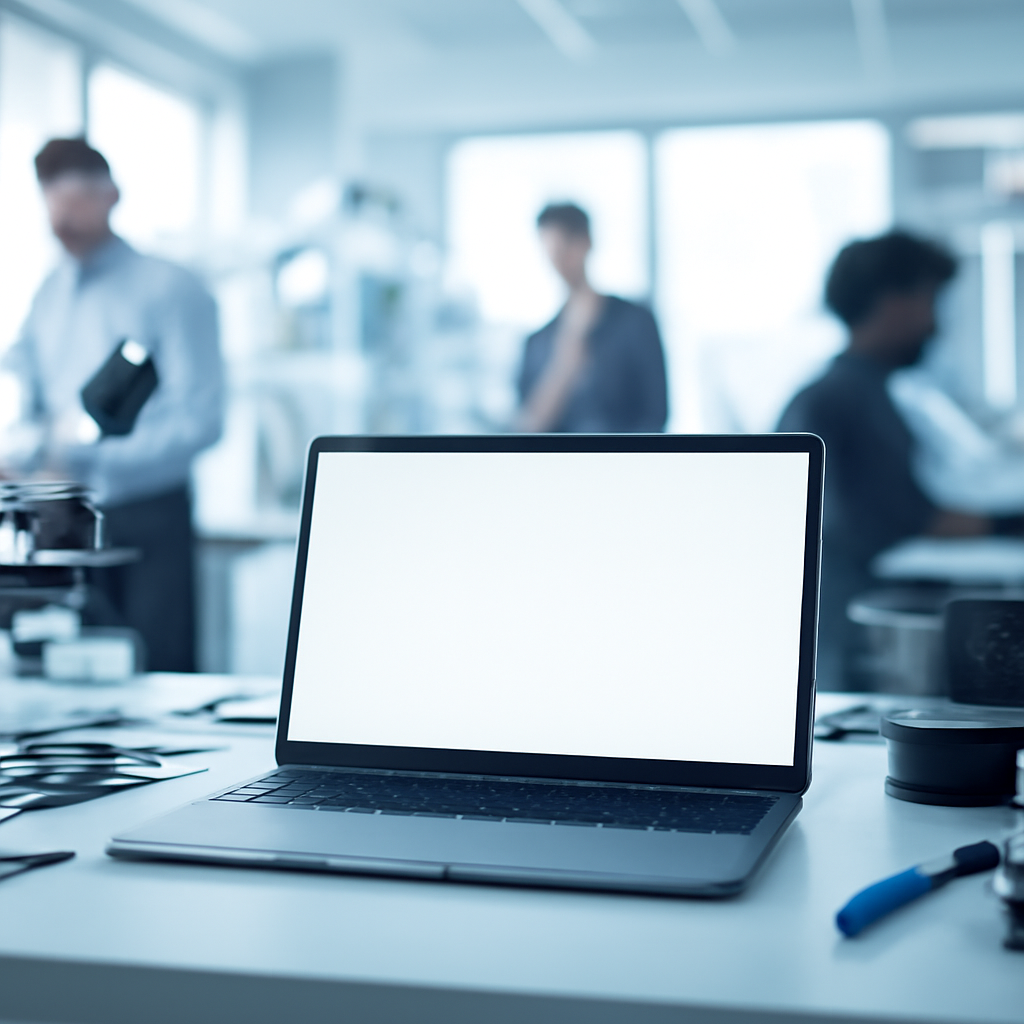 Modern tech lab with people in background and computer monitor on desk.