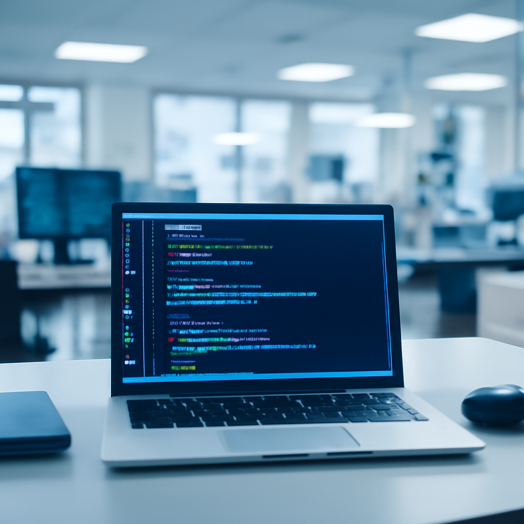 Laptop screen displays code on minimalist desk in bright tech lab setting.