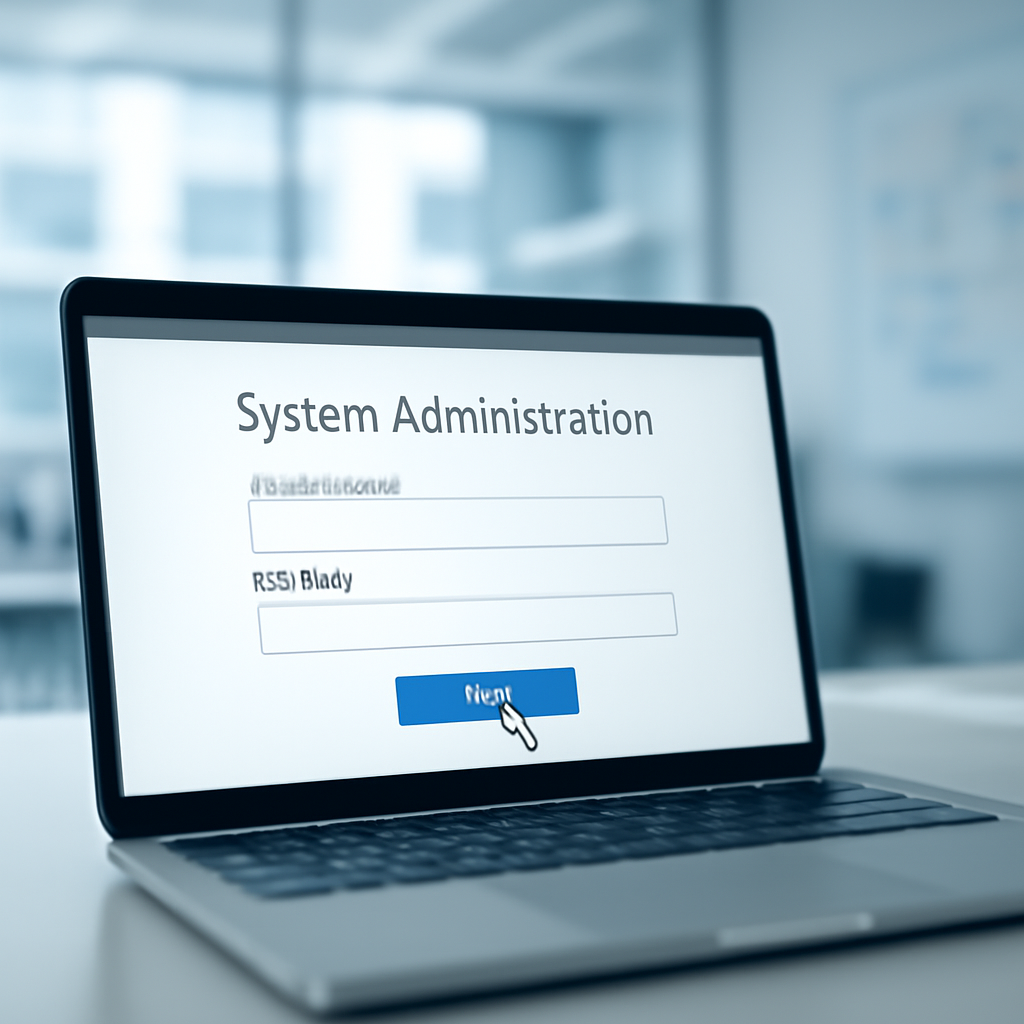 Laptop screen displays system administration tool with blurred office background and code on nearby whiteboard.