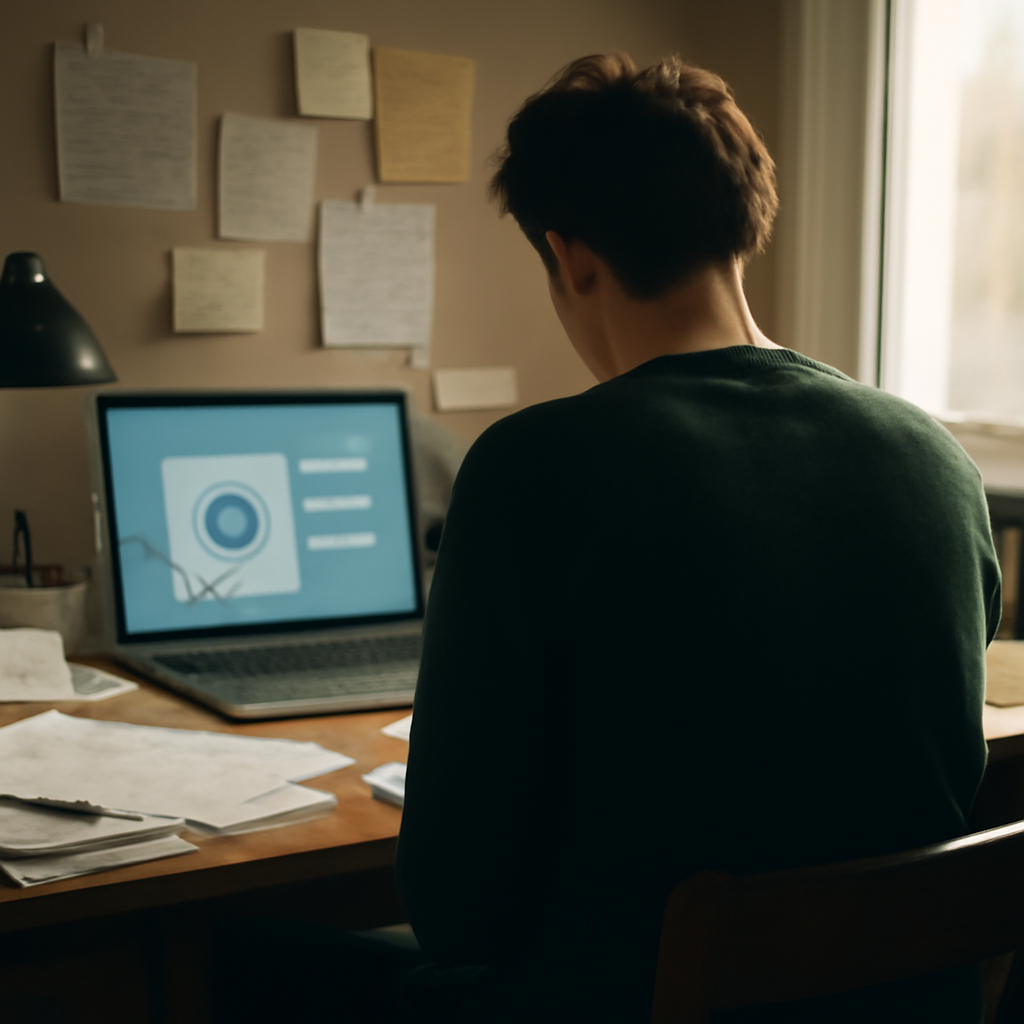 Person sits at cluttered desk with laptop showing blurred chatbot conversation.