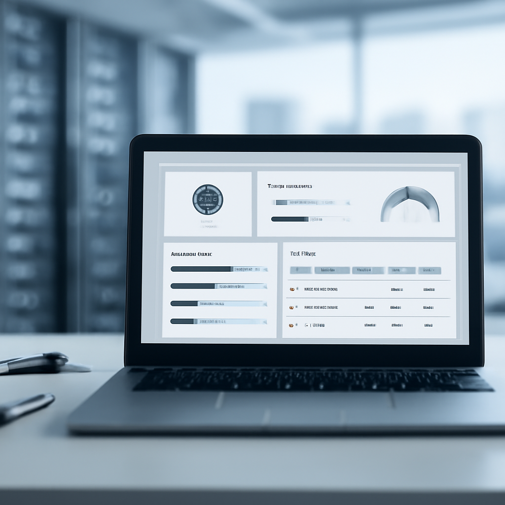 Kubernetes management interface on a laptop screen in a data center background.