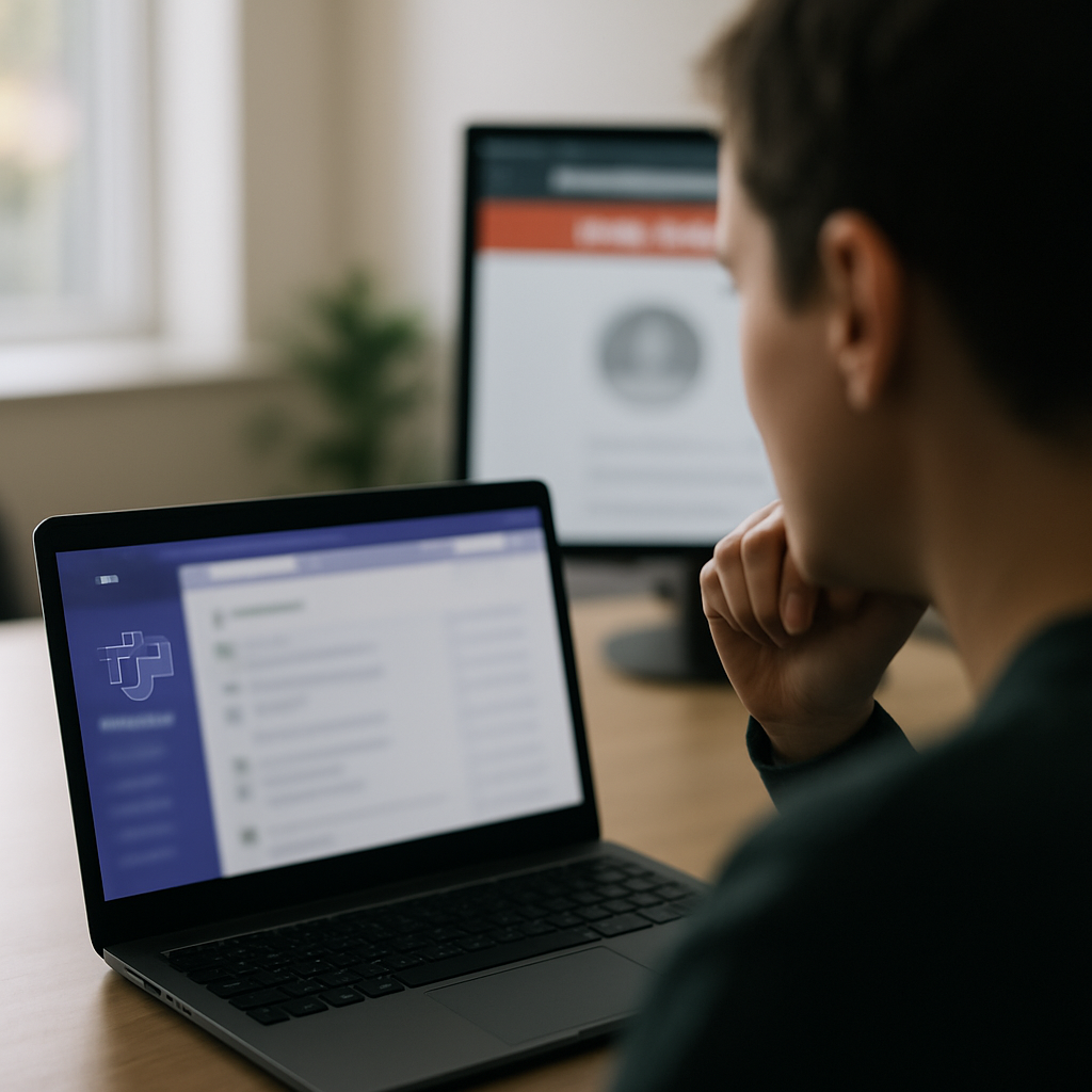Person at desk looks at laptop with Microsoft Teams on screen, background webpage blurred.