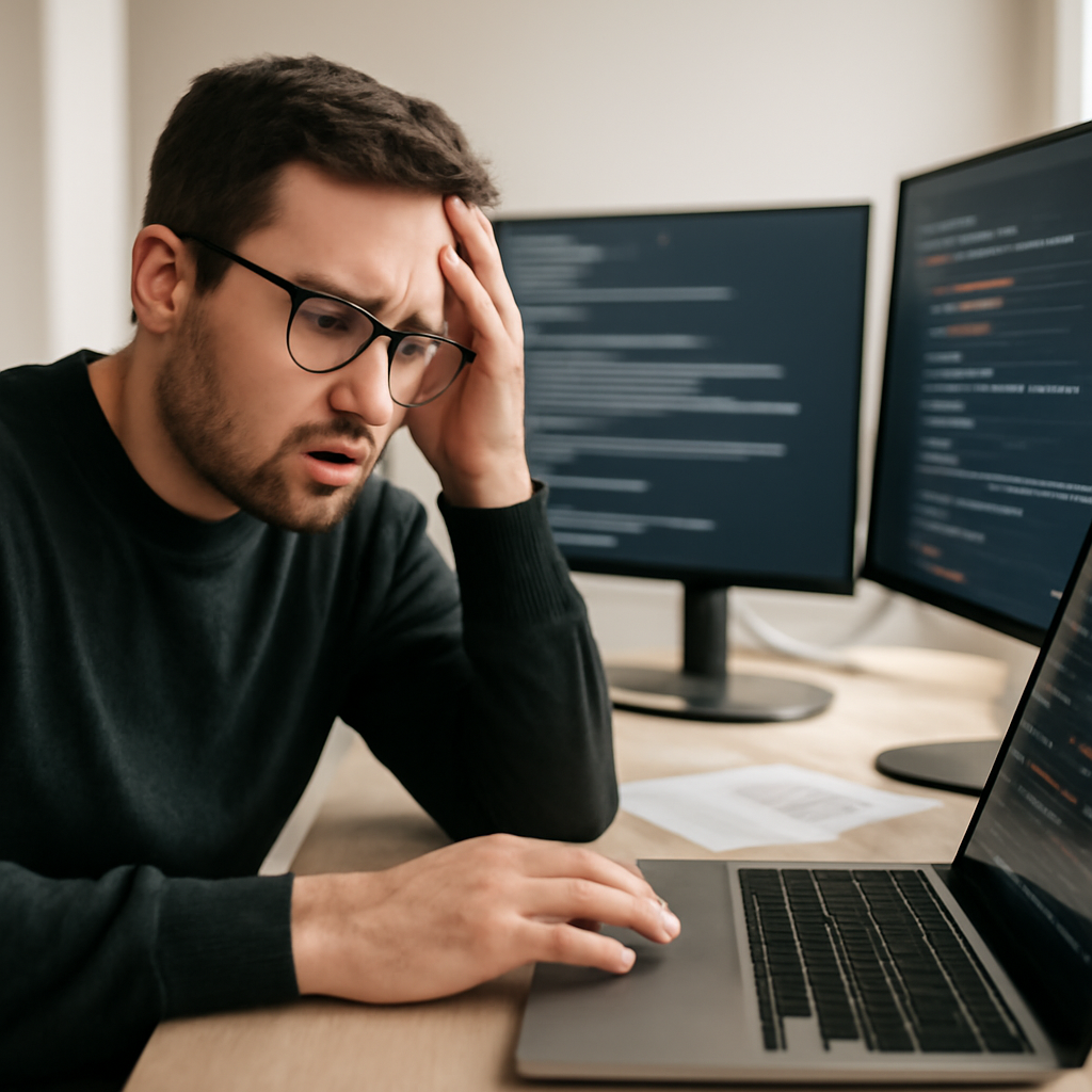 Security researcher with concerned expression working at workstation with laptop and multiple screens displaying code.
