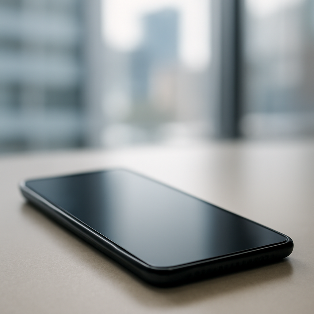 Modern smartphone lies on a light surface with blank screen reflecting ambient light, surrounded by blurred cityscape or…