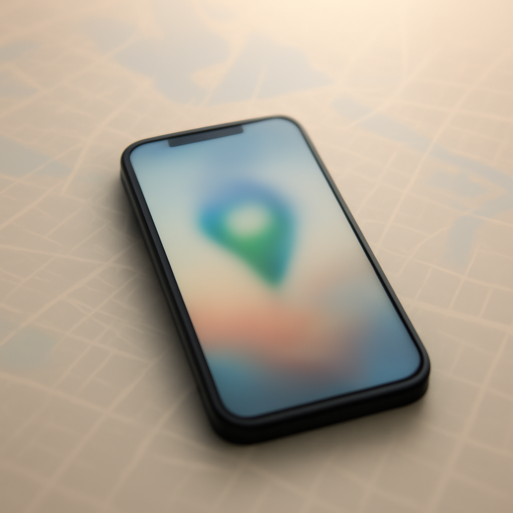 Smartphone on a neutral surface with blurred screen, surrounded by subtle cityscape gradient.