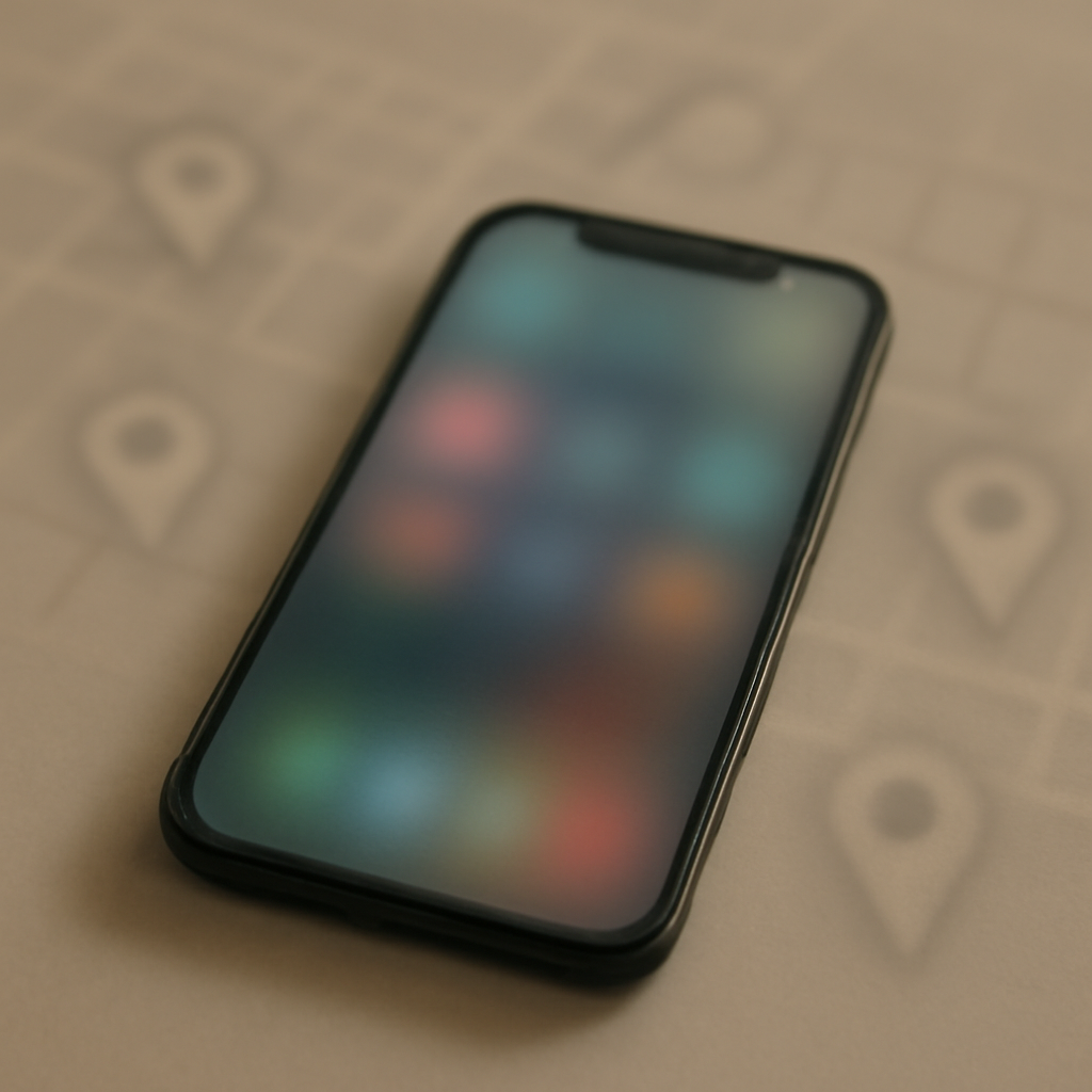 Smartphone with blurred screen surrounded by faint location icons on neutral surface.