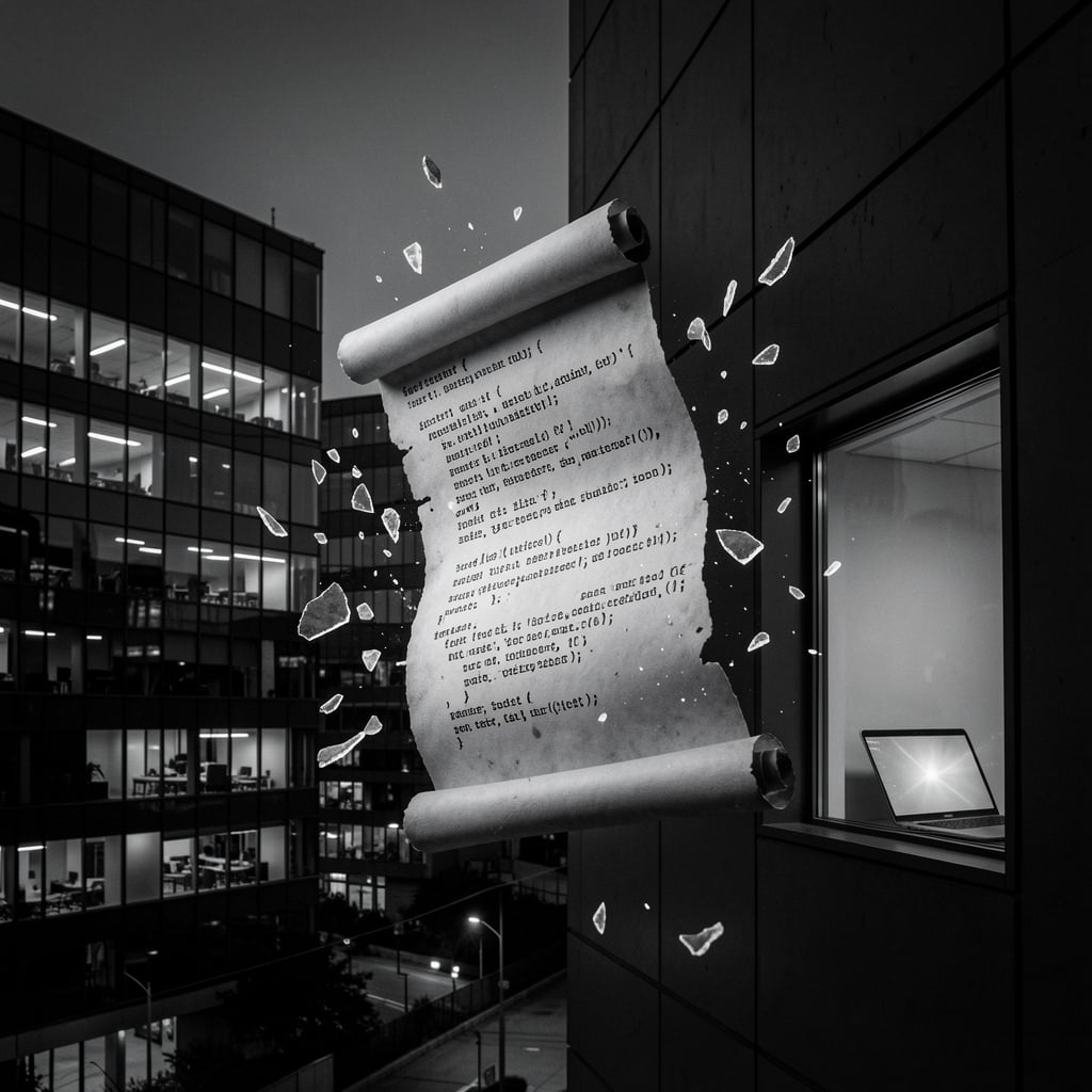 Fragmented code scroll hovers and reassembles in mid-air amidst shattered code shards, set against a dark tech company HQ…