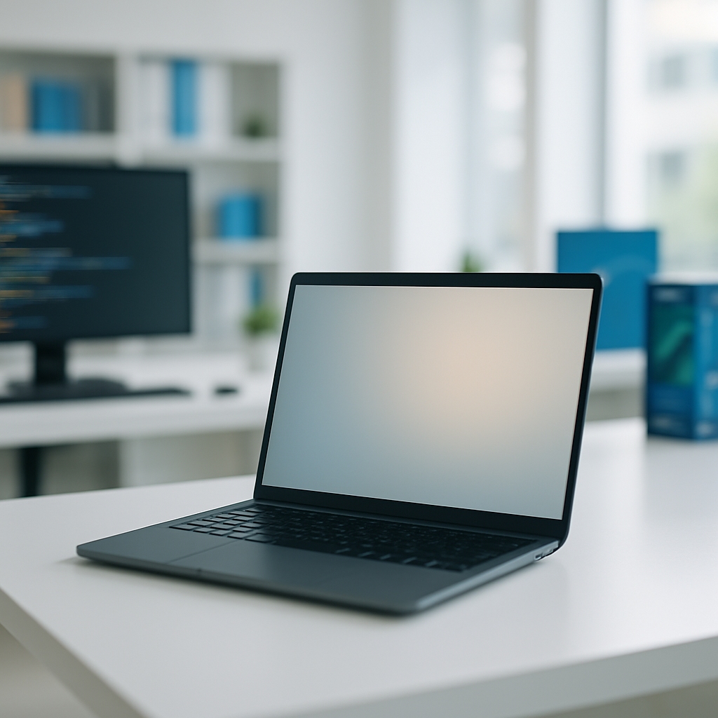 Sharp-focus laptop screen on a modern desk with blurred background.