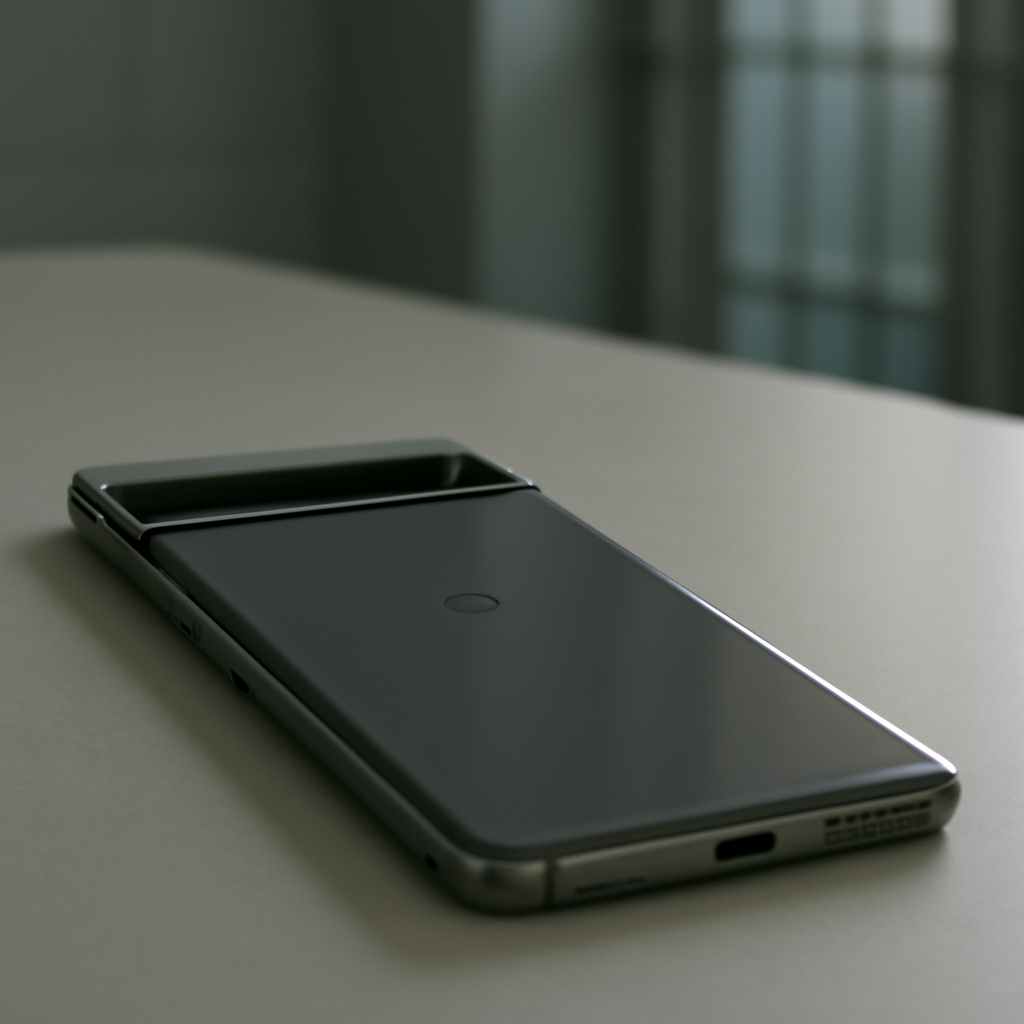 Google Pixel smartphone on a light-gray surface with screen off and facing down.