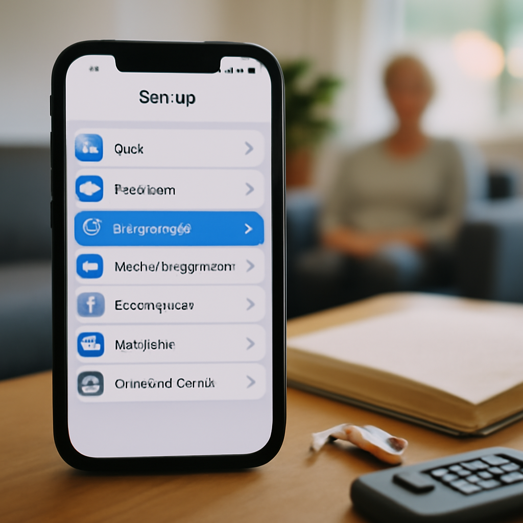 Smartphone settings menu on a living room table with assistive devices.