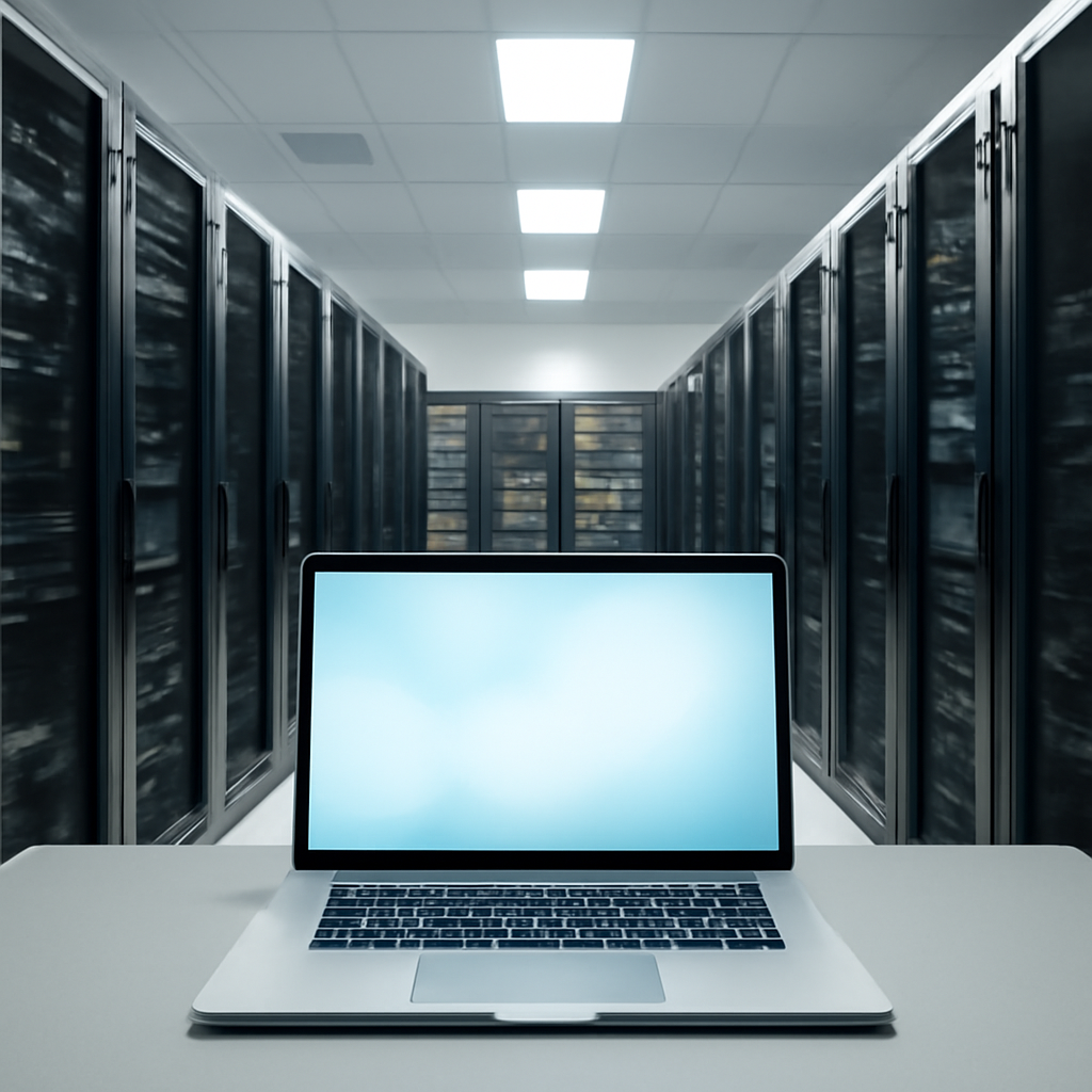 Secure facility server room with isolated laptop and blank screen.