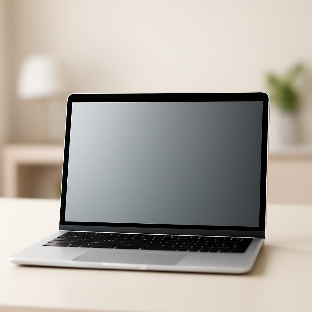 Mac laptop on a minimalist desk with a blank screen and blurred background.