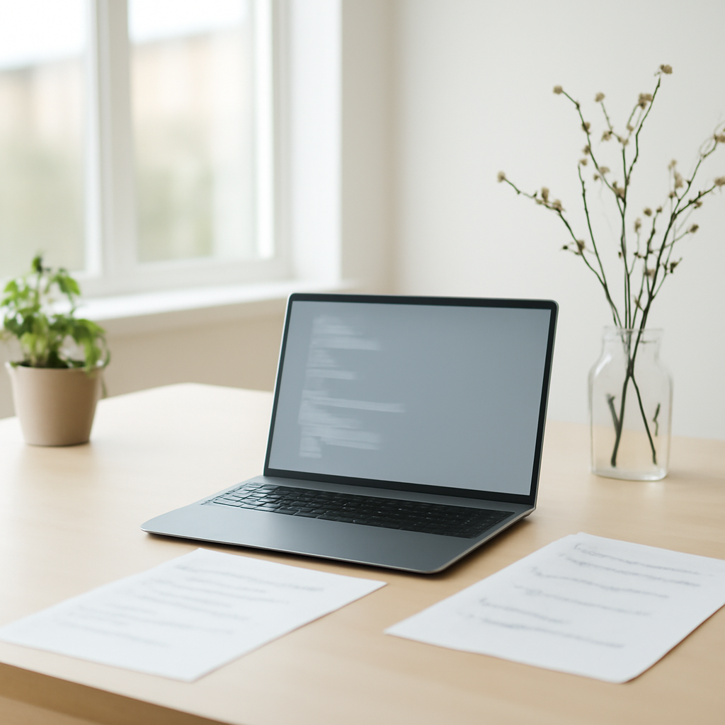 Developer workstation with laptop and coding papers in a minimalist room with large windows and plants.