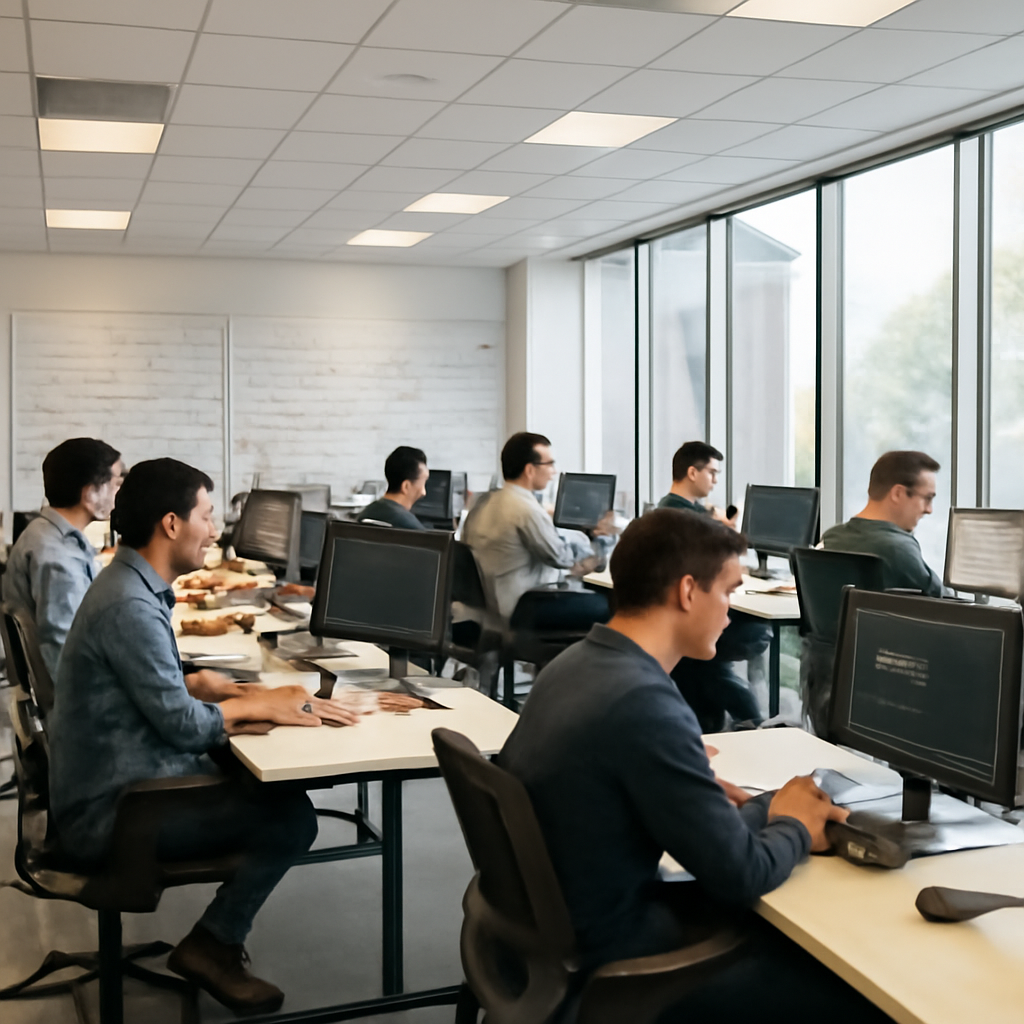 Researchers work on computers at a brightly-lit tech workspace surrounded by whiteboards and notes.