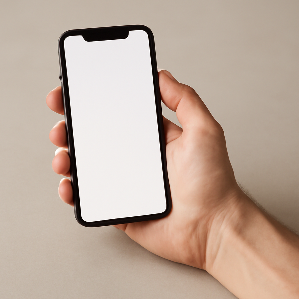 Hand holding a smartphone with a blank screen on a neutral background.