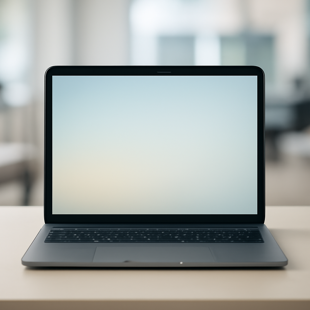 Laptop screen on a neutral desk with a blurred office background.