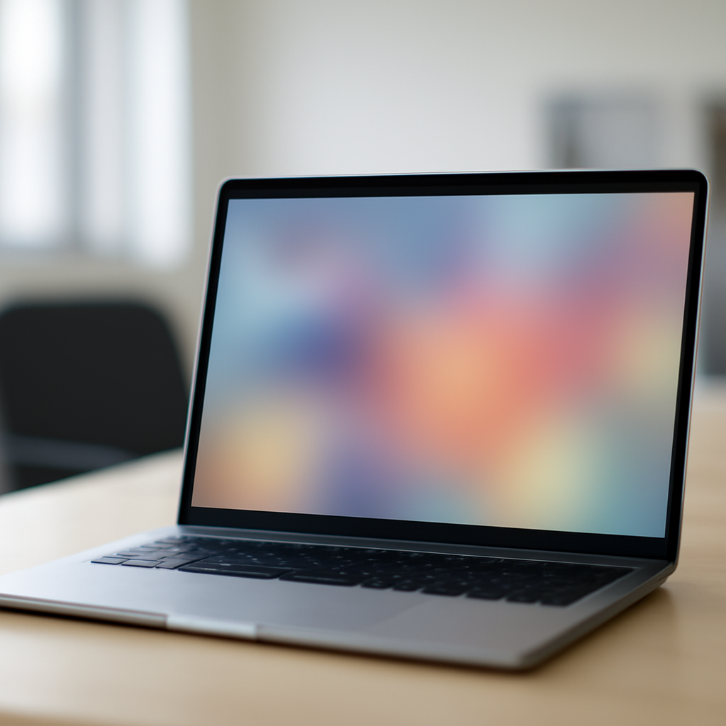 Laptop screen on a clean desk displays a blurred, colorful pattern.